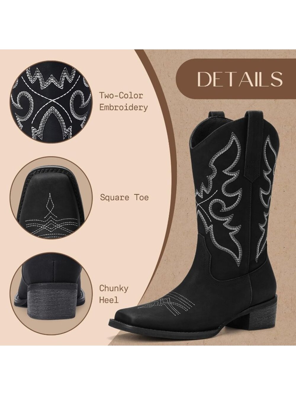 Women's Black Cowgirl Square Toe Mid Calf Western Pull On Low Chunky Heels - Picture 4 of 5